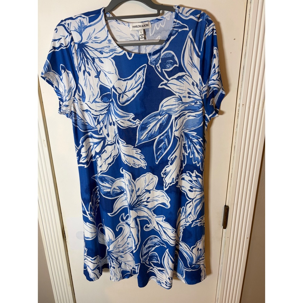 Harlow & Rose Womens Blue White Tropical Floral Short Sleeve Shift Dress Large